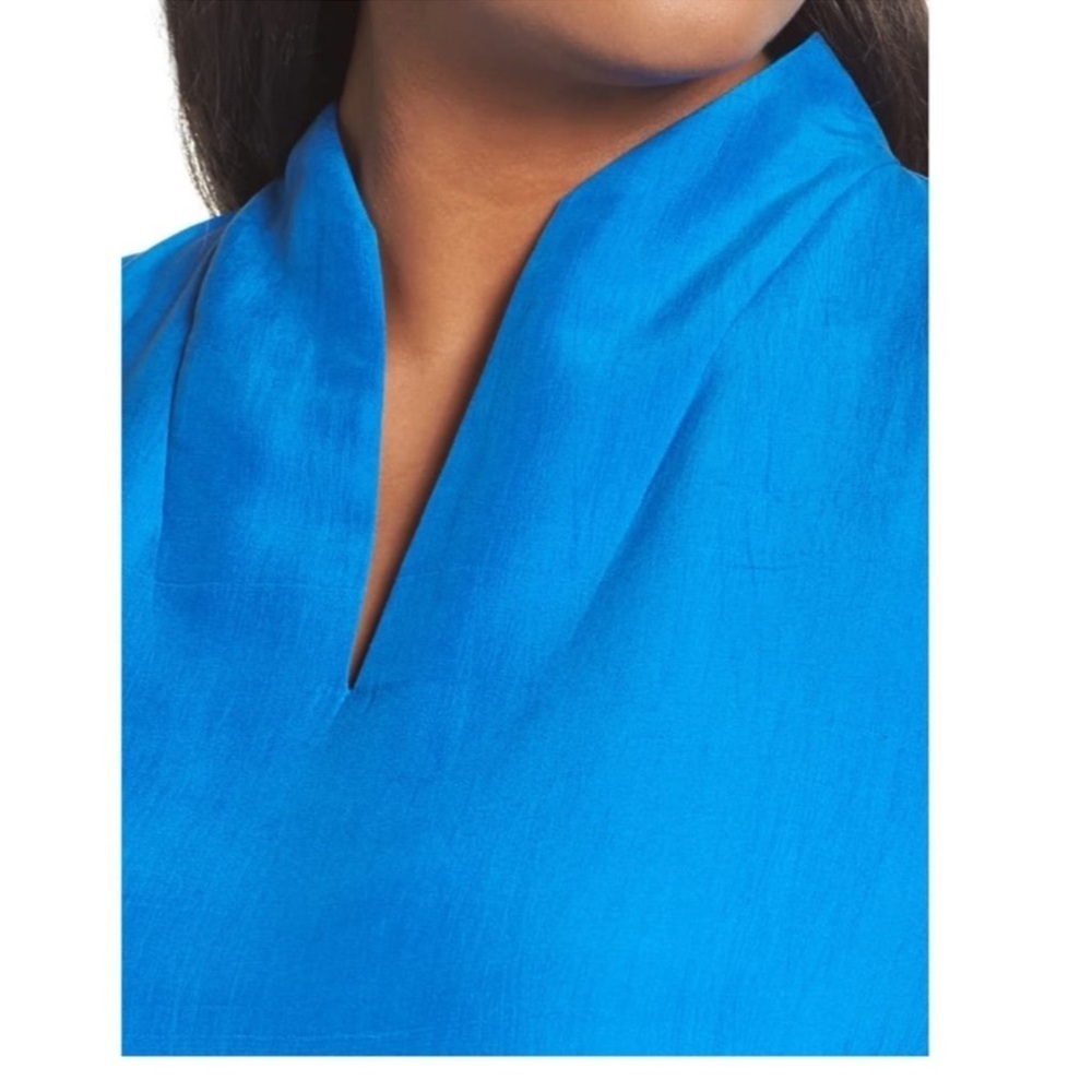 Eileen Fisher Silk Dupioni High Collar Top Catalina Blue VNeck Long Sleeve - Picture 5 of 12